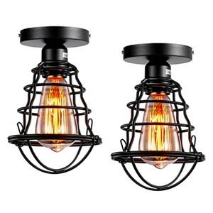 Set of 2 Vintage Semi Flush Mount Ceiling Light, Industrial Black Metal Cage